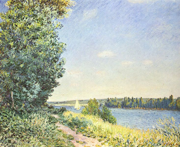 Alfred Sisley Normandie, Pfad am Wasser, abends bei Sahurs